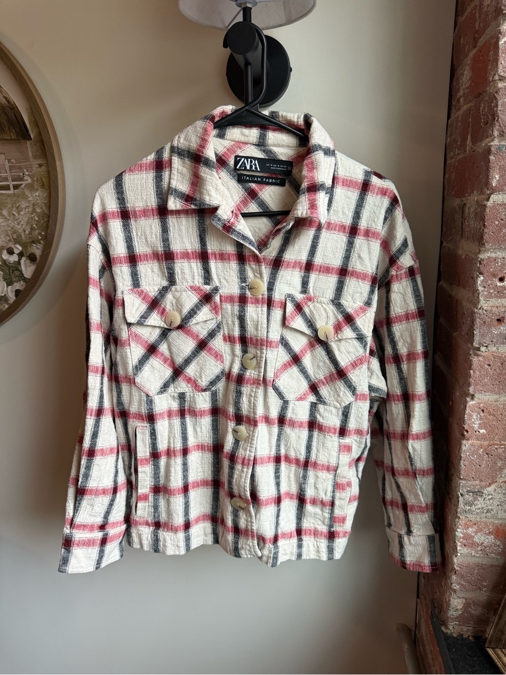 Zara Cream Plaid Shirt Jacket with Red & Black Checks